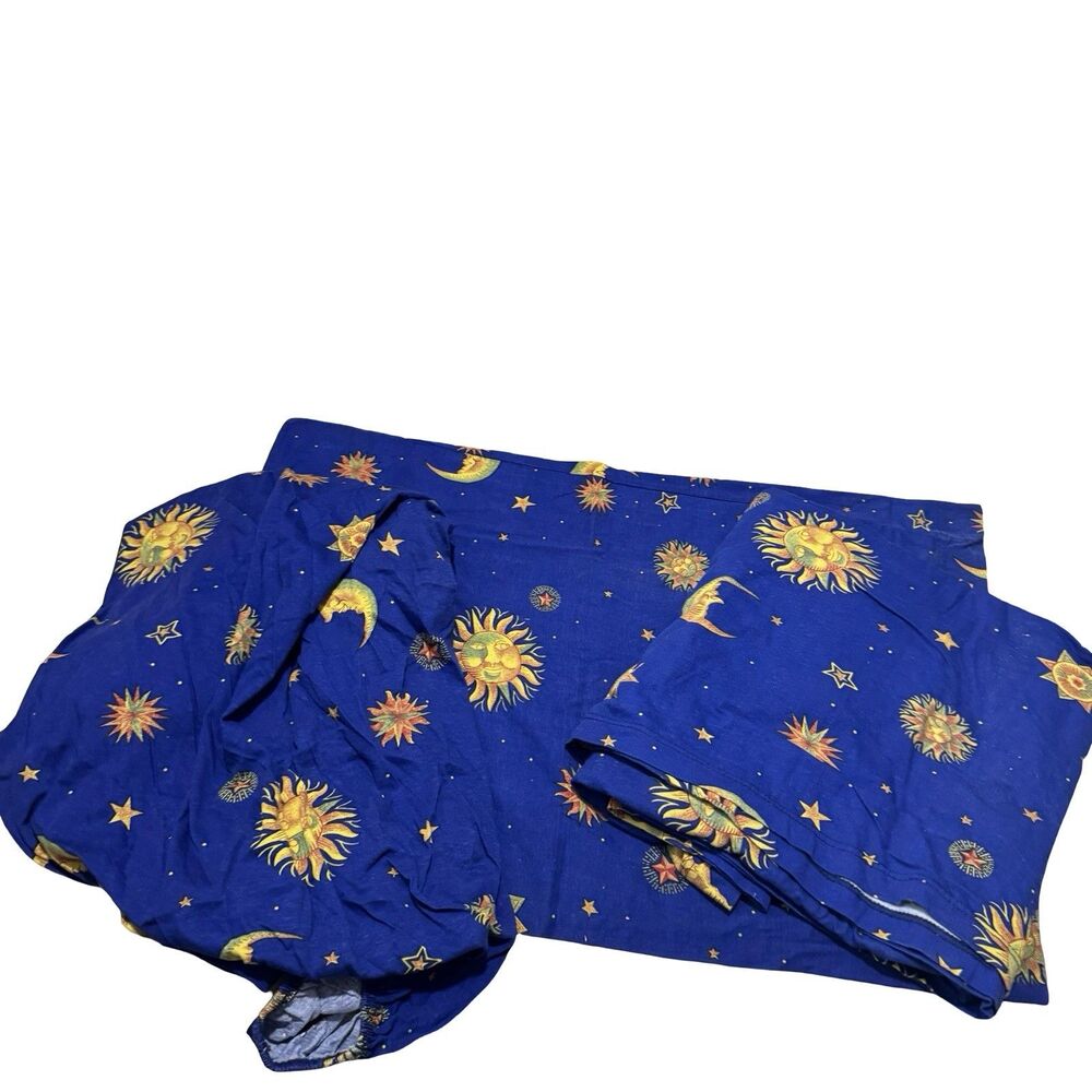 Vintage 90s Celestial Print Stars Suns Moons Fitted sheet Flat Sheet Pillow Case